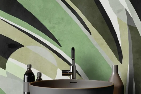 CARTA DA PARATI VERDE TROPICALE JANGAL E MOBILE BAGNO GRIGIO, WALLPAPER, WALLPEPPER GROUP, TROPICAL