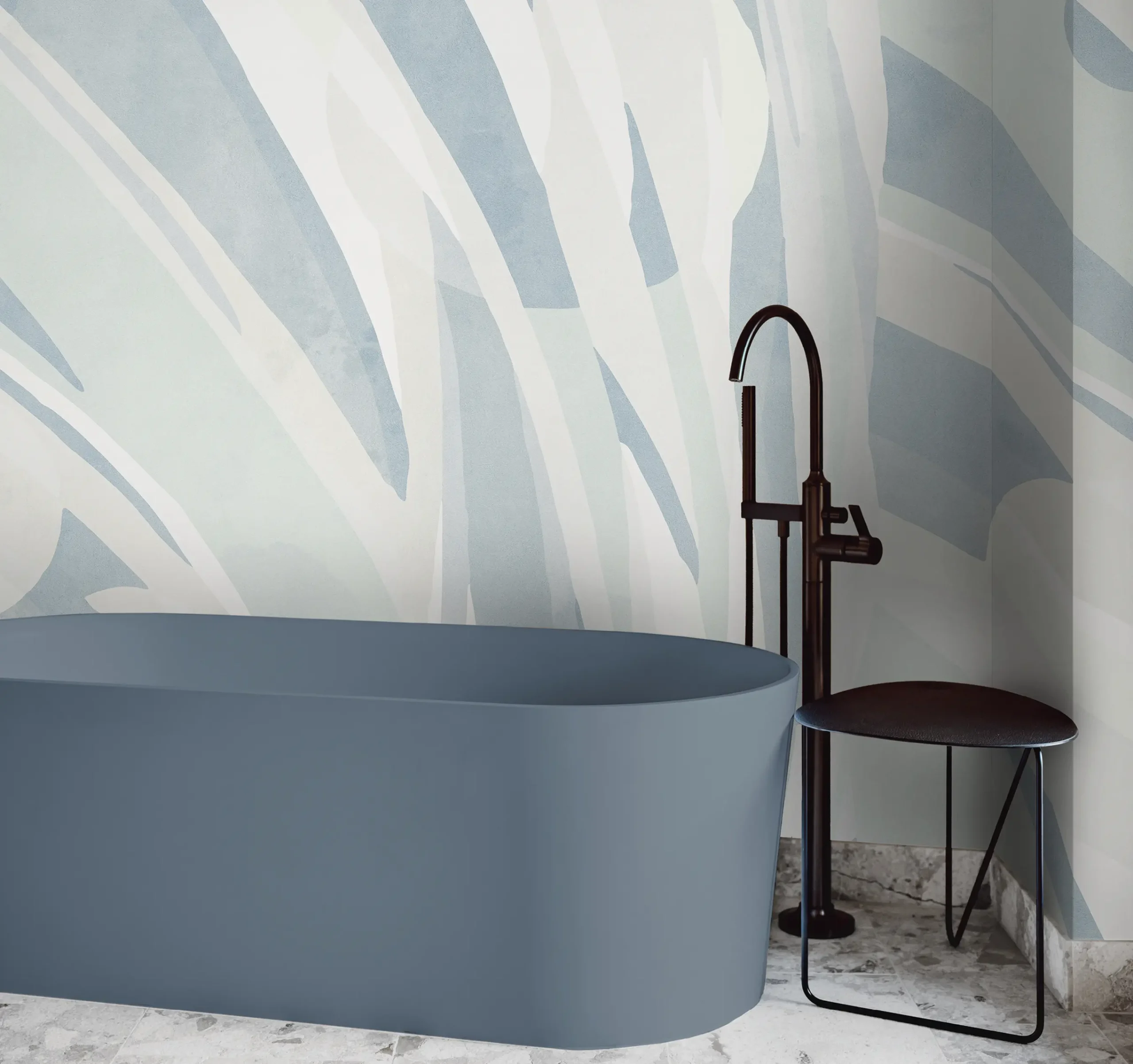 CARTA DA PARATI JANGAL DISEGNATA DA NOMASS PER WALLPEPPER GROUP, AZZURO, TROPICALE, BLUE, VASCA